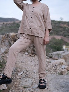 Premium Khadi Cotton Co-ord Set for Women - Eco-Friendly Beige Button-<b>Down</b> Comfort Top and Matching <b>Trousers</b> - Product Image 3