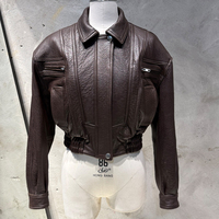 Veste de moto en cuir véritable pour femme, col rabattu court, manches longues, couleur unie, fermeture éclair, automne