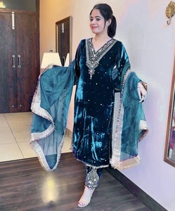 Traje de Terciopelo de Diseño Étnico Moderno Pakistaní, Bordado con Hilo Zari, Lavable a Máquina, Vestido de Fiesta con Mangas Campana, Listo para Usar - Product Image 3