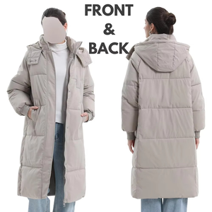 Women Long Quilted Parka <b>Jacket</b> With Hood Zipper Closure Solid Color <b>Winter</b> Warm Coat Full Sleeve Polyester Wadding - Product Image 4