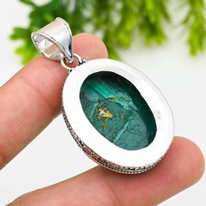 Pendentif artisanal en malachite verte, style bohème, en argent sterling 925, serti clos, vintage - Product Image 4