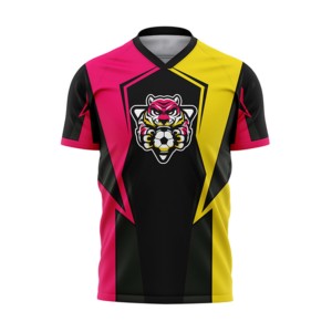 Maillot de football pour homme rose, jaune et noir, col en V, manches courtes, impression sublimée, séchage rapide, coupe classique, vêtements de sport pour adultes - Product Image 1