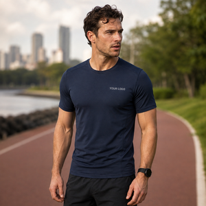 T-shirt de sport pour homme bleu marine à séchage rapide, manches courtes, coupe ajustée, col rond, en polyester tricoté, vêtement de sport avec impression de logo sur le devant - Product Image 5