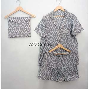 Conjunto de Pijama de Algodón 100% Hecho a Mano, Diseño Floral con Estampado de Bloques, Largo, para Verano y Otoño, Suave, Transpirable y de Secado Rápido - Product Image 6