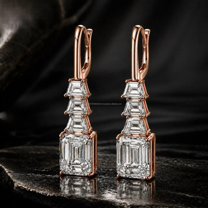 Baguette & <b>Emerald</b> Cut Lab Grown Diamond Earrings in Rose Gold Luxury Elegant <b>Stud</b> Earrings for Women Bridal Anniversary Gift - Product Image 2