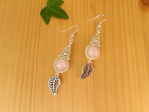 Handmade Rose Quartz Macrame Dangle Earrings Pink Gemstone Gold <b>Leaf</b> Boho Bohemian Handcrafted Artisan Jewelry - Product Image 3