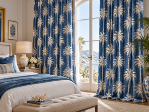 Panneaux de rideaux occultants en velours bleu imprimé palmiers, style méditerranéen, pour fenêtres - Product Image 3