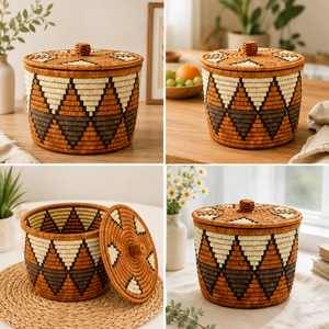 Panier à linge rond en rotin tressé à la main avec couvercle et poignées, rangement écologique, couleur naturelle, usage domestique, Orissa SSD Market - Product Image 2