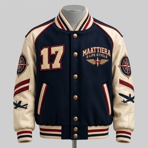 Blouson universitaire homme bleu marine avec manches en cuir crème, motif aviation brodé, fermeture à boutons-pression, style streetwear côtelé personnalisé - Product Image 6