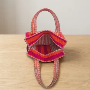 Sac fourre-tout mini en toile rayée bohème avec fermeture éclair, style vintage, orange pour femme, sac à main de shopping rouge toutes saisons - Product Image 3