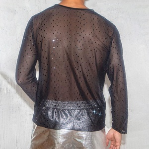 Camiseta de malla transpirable de poliéster para hombre, estilo sexy para discoteca, con hombros caídos y manga larga, ideal para fitness. - Product Image 5