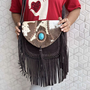Bolso de Mano con Flecos de Cuero y Pelo, Bolso Bandolera con Piedra Turquesa, Estilo Bohemio Gitano Vintage, Hecho a Mano, Nuevo Diseño, Multiusos, Elegante - Product Image 1