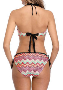 Conjunto de bikini con estampado geométrico para mujer, top tipo bandeau, parte inferior con lazo lateral, traje de baño elástico de poliéster y spandex - Product Image 6
