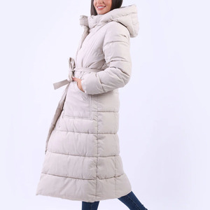 Women's Long Quilted Hooded Puffer Jacket With Belt Closure <b>Thick</b> <b>Winter</b> <b>Coat</b> Full Sleeve Solid Color Polyester Wadding - Product Image 4