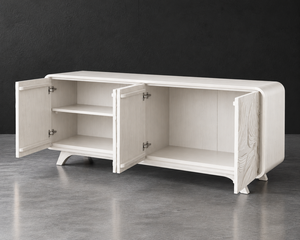 Aparador Moderno Blanco de Madera con Tallado de Hojas Hecho a Mano, Aparador de 4 Puertas - Product Image 2