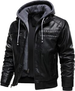 <b>Men</b> Black PU <b>Leather</b> Moto Biker <b>Jacket</b> Hooded Zipper Front Solid Color Autumn Style Slim Fit Regular Sleeve - Product Image 6