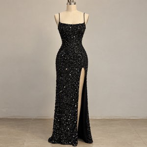 Robe de soirée noire à paillettes, sans manches, longueur au sol, style sirène, fente haute, col en V, tenue de soirée formelle - Product Image 2