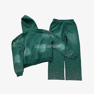 ชุดวอร์มผู้ชายประดับเพชรเทียม สีน้ำเงิน เสื้อฮู้ดซิปและกางเกงขายาว สไตล์สตรีทแฟชั่น - Product Image 5