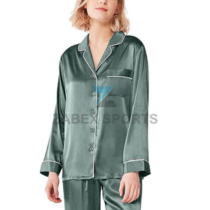 Ensemble de pyjama pour femmes de qualité supérieure, tissu satiné, polyester/coton, logo personnalisé, fermeture à cordon sur le devant, manches longues, doux, respirant, séchage rapide - Product Image 5
