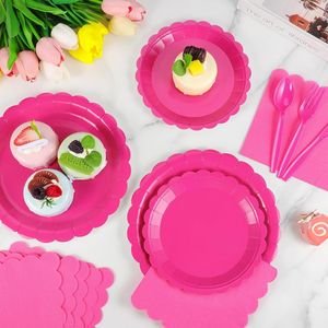 Kit di Articoli per Feste Usa e Getta per 25 Ospiti, 175 Pezzi, Piatti, Tovaglioli, Bicchieri e Posate in Carta Rosa Intenso con Design a Festoni - Product Image 3