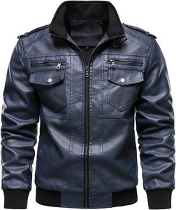 Men's Dark Blue PU <b>Leather</b> Moto <b>Jacket</b> Stand Collar Zipper Front Regular Fit Autumn Style - Product Image 1