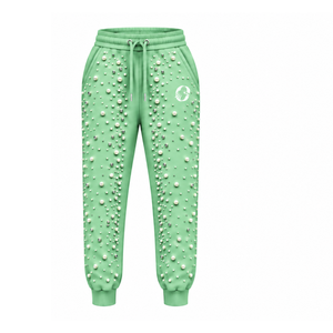 Custom Mint Green Pearl Beaded Jogger Pants <b>Women</b> Luxury Embellished Drawstring Sweatpants Casual Streetwear Fleece <b>Trousers</b> - Product Image 1