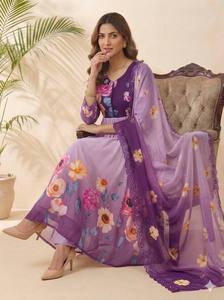 Traje Anarkali de Georgette Floral para Mujer, Atuendo Étnico Indio, Kurta de Tela Pesada Estampada, Palazzo, Dupatta, para Fiesta o Boda - Product Image 2