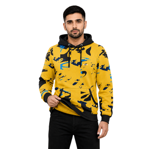 Sweat-shirt à capuche pour homme, imprimé abstrait jaune, noir et bleu, coupe classique, streetwear décontracté, pull avec poche et cordon de serrage à la capuche - Product Image 5