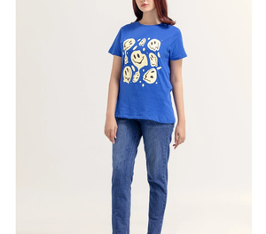 เสื้อยืดลำลองผู้หญิงสีน้ำเงิน ผ้าวูล คอวี แขนสามส่วน ลายทาง พิมพ์ลาย ทรงปกติ ระบายอากาศได้ดี ผ้าเจอร์ซีย์สีตัดต่อ - Product Image 3