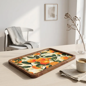 Plateau de service en bois artisanal avec imprimé fleur d'oranger, plateau décoratif pour table basse par blossom craft india - Product Image 1