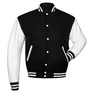 Veste universitaire hybride classique noire et blanche personnalisée avec manches en cuir blanc, fermeture à boutons-pression, col, poignets et ourlet à rayures côtelées - Product Image 1
