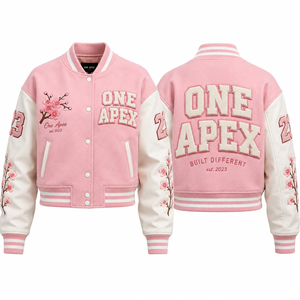 Custom Pink Women <b>Varsity</b> <b>Jacket</b> Wool Blend Letterman <b>Jacket</b> Chenille Embroidery College <b>Bomber</b> <b>Jacket</b> OEM Fashion - Product Image 2