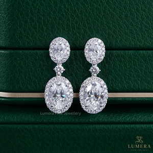 Timeless Oval Lab Grown <b>Diamond</b> Halo Drop <b>Earrings</b> 14K Gold Classic Double Halo <b>Dangle</b> Statement Jewelry for Special Occasions - Product Image 1