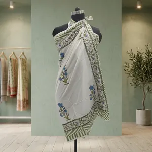 <b>White</b> Hand Block Printed Cotton <b>Bikini</b> Blue Floral Motif Green Border Reversible Front Traditional Ethnic Wear Women Elegant - Product Image 2