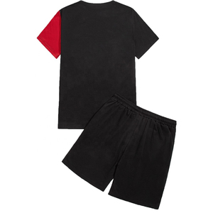 Men's Summer Casual 2-Piece <b>Set</b> Color Blocking T-Shirt Black Red Shorts Breathable <b>Knitted</b> Cotton Crew Neck Sport Wear - Product Image 2