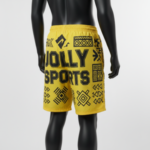 กางเกงขาสั้นวินด์เบรกเกอร์ไมโครไฟเบอร์โพลีเอสเตอร์พรีเมียม สีเหลืองดำ พิมพ์ลายสกรีนแบบกำหนดเอง โลโก้แบบรีดร้อน กางเกงขาสั้นผู้ชาย - Product Image 4