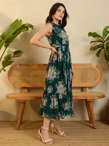 Vestido Maxi con Estampado Floral Verde de Alta Calidad, con Volantes, para Fiestas, Citas y Cenas, Disponible a Precio de Venta para Exportación - Product Image 3