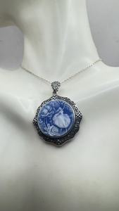 Collier ras du cou vintage en argent sterling 925 avec pendentif camée fleur ballerine bleue pour femme - Product Image 4
