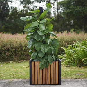 Macetas de madera rectangulares de color marrón amarillo con patas de acero duraderas Juego de revestimiento de plástico 3/Rectangular cuadrado para jardín o hogar - Product Image 1