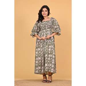 Robe maxi bohème en coton 100% indien à imprimé bloc, pour femmes, à manches longues smockées, pour l'été et l'automne, à porter pour les fêtes - Product Image 2