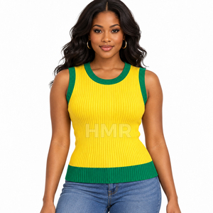 HMR Sorority Sisterhood – Débardeur tricoté sans manches contrastant jaune et vert, col rond, pull décontracté - Product Image 1