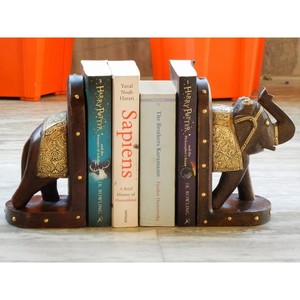 Premium Teak Wood Elephant Carved <b>Bookends</b> with Brass Inlay - Wholesale - Product Image 1