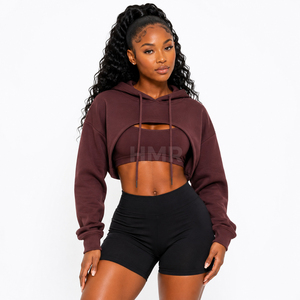 HMR Sorority Sisterhood Sweat à capuche court bordeaux à manches longues avec découpe, couleur unie, pour l'automne - Product Image 1