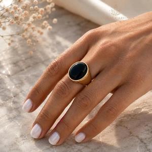 Natural Black Onyx <b>Ring</b> 3.5 Carat Oval Gemstone Signet <b>Ring</b> Bezel Set Womens <b>Statement</b> Jewelry Custom Gold Plated <b>Silver</b> <b>Ring</b> - Product Image 5