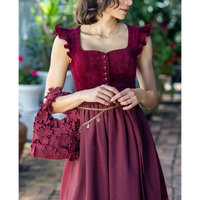 Gaun Midi Wanita Vintage Beludru Model A-Line Kerah Scalloped Ikat Pinggang Tenun Pinggang Alami Bernapas Warna Solid Kasual untuk Sehari-hari