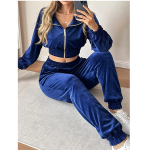Custom <b>Women</b> Velour Zip up Cropped Hoodie Wide Leg Pants Tracksuit Two Piece <b>Set</b> Y2K Loungewear OEM ODM Manufacturer - Product Image 1