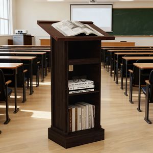 Leggio Moderno in Legno Alto 44 Pollici con Supporto per Microfono, 1 Ripiano Scorrevole e 1 Ripiano Fisso, per Scuole e Chiese - Product Image 1