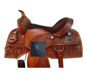 อานม้าหนังแท้สไตล์ตะวันตกสำหรับแข่งม้า ลายดอกไม้และตะกร้า ประดับโลหะแกะสลักลาย คอนโชส์สีน้ำตาล เบาะบุนวม พร้อมชุดอุปกรณ์ ขนาด 10"–18" - Product Image 5