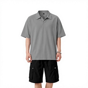 Men's Solid Color Knitted Polo Shirt and Shorts Set Casual Summer Wear - Product Image 1