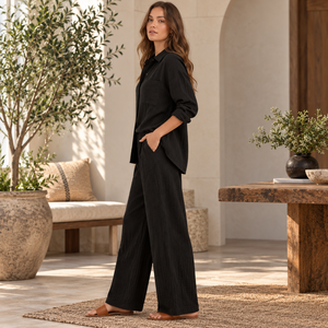 Black <b>Linen</b> Blend Co Ord <b>Set</b> Long Sleeve Button Down Shirt Wide Leg Pants Elastic Waist Casual Two Piece Outfit|Relaxed Everyday - Product Image 4
